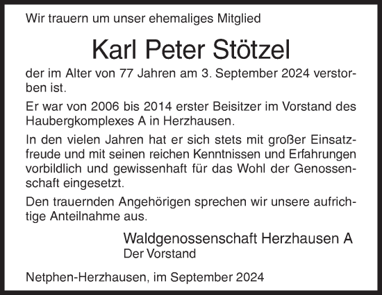 Traueranzeige von Karl Peter Stötzel von Siegener Zeitung