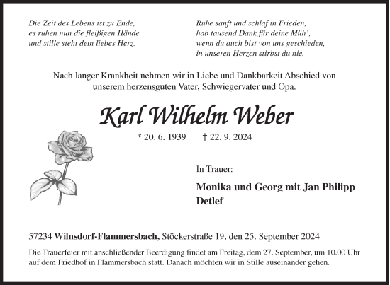 Traueranzeige von Karl Wilhelm Weber von Siegener Zeitung