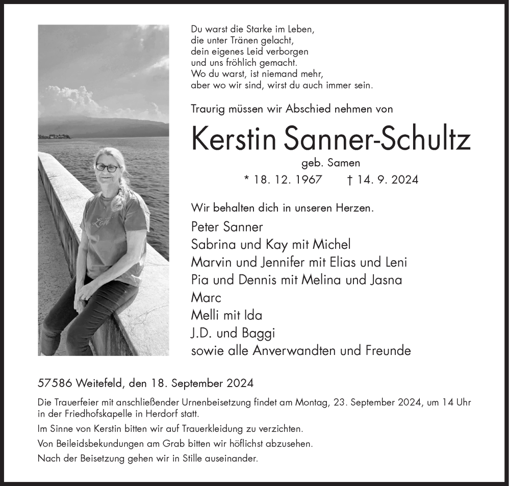 Traueranzeige für Kerstin Sanner-Schultz vom 19.09.2024 aus Siegener Zeitung