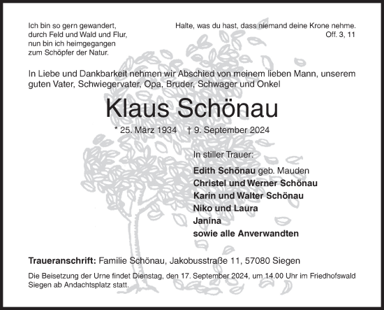 Traueranzeige von Klaus Schönau von Siegener Zeitung