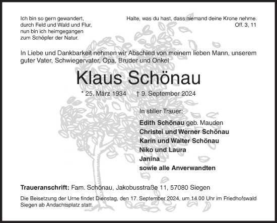 Traueranzeige von Klaus Schönau von Siegener Zeitung