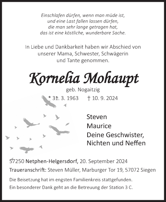 Traueranzeige von Kornelia Mohaupt von Siegener Zeitung