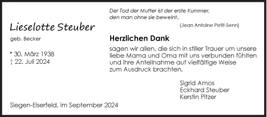 Traueranzeige von Lieselotte Steuber von Siegener Zeitung