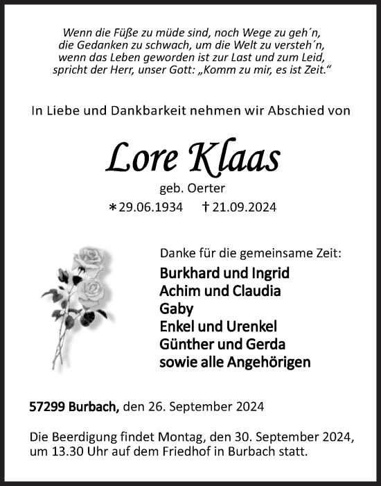Traueranzeige von Lore Klaas von Siegener Zeitung