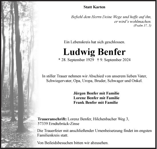 Traueranzeige von Ludwig Benfer von Siegener Zeitung