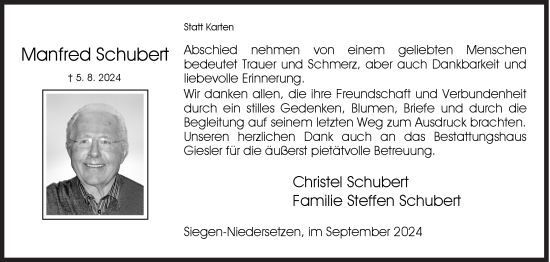 Traueranzeige von Manfred Schubert von Siegener Zeitung