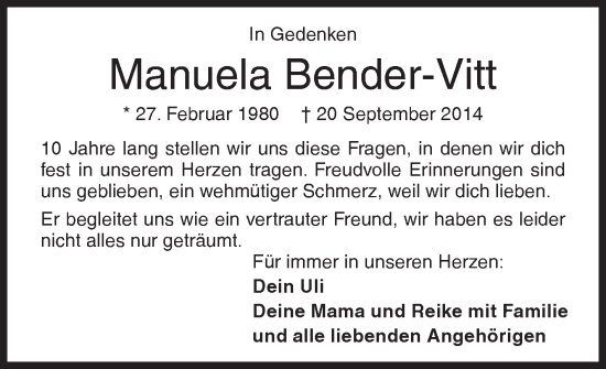 Traueranzeige von Manuela Bender-Vitt von Siegener Zeitung