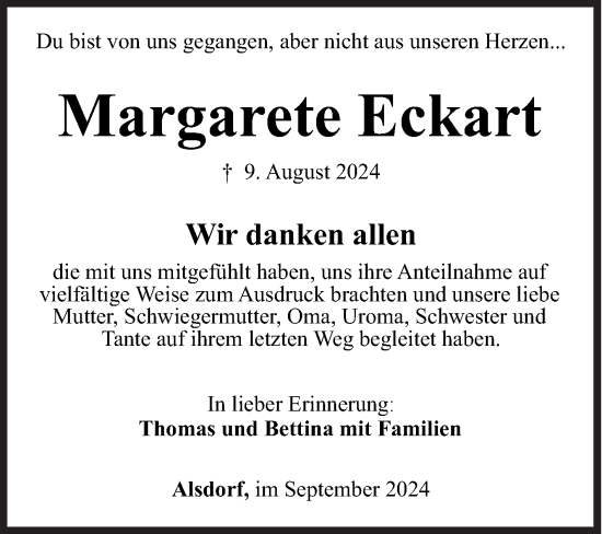 Traueranzeige von Margarete Eckart von Siegener Zeitung