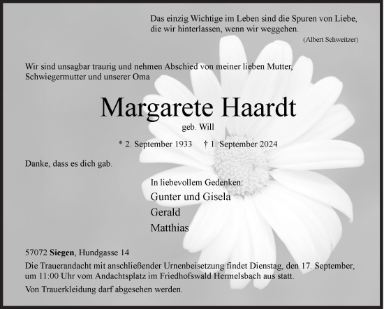 Traueranzeige von Margarete Haardt von Siegener Zeitung