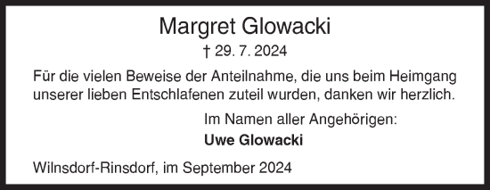 Traueranzeige von Margret Glowacki von Siegener Zeitung