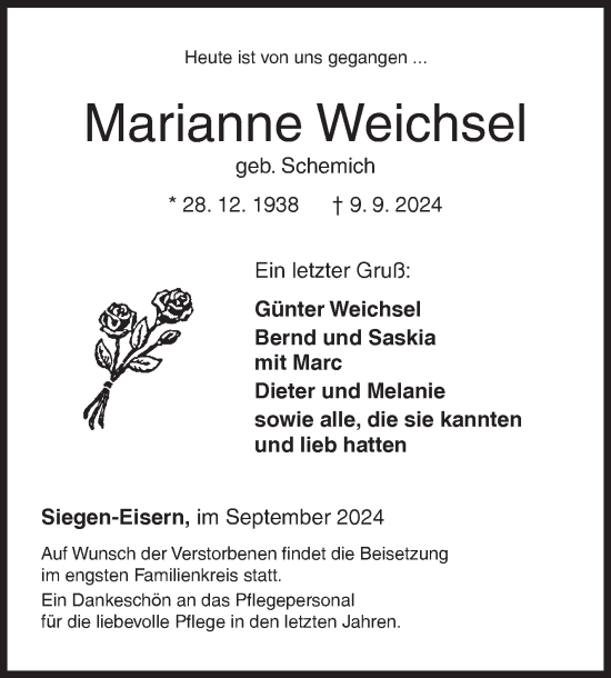 Traueranzeige von Marianne Weichsel von Siegener Zeitung