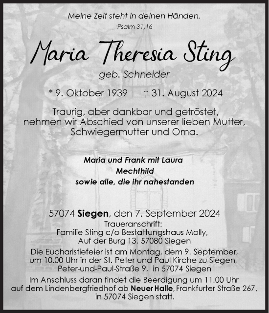 Traueranzeige von Maria Theresia Sting von Siegener Zeitung