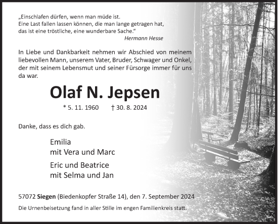 Traueranzeige von Olaf Jepsen von Siegener Zeitung