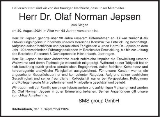 Traueranzeige von Olaf Norman Jepsen von Siegener Zeitung