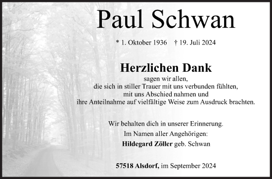 Traueranzeige von Paul Schwan von Siegener Zeitung