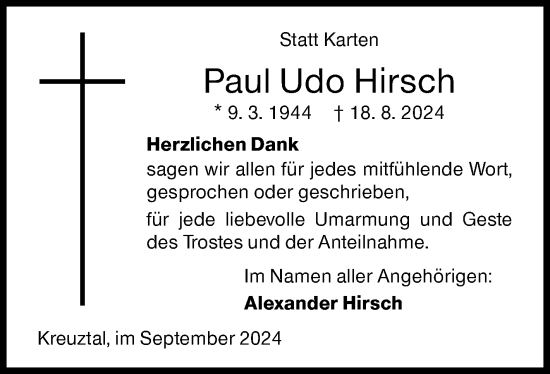 Traueranzeige von Paul Udo Hirsch von Siegener Zeitung