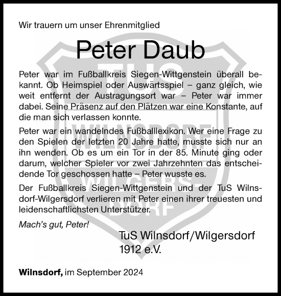 Traueranzeige von Peter Daub von Siegener Zeitung
