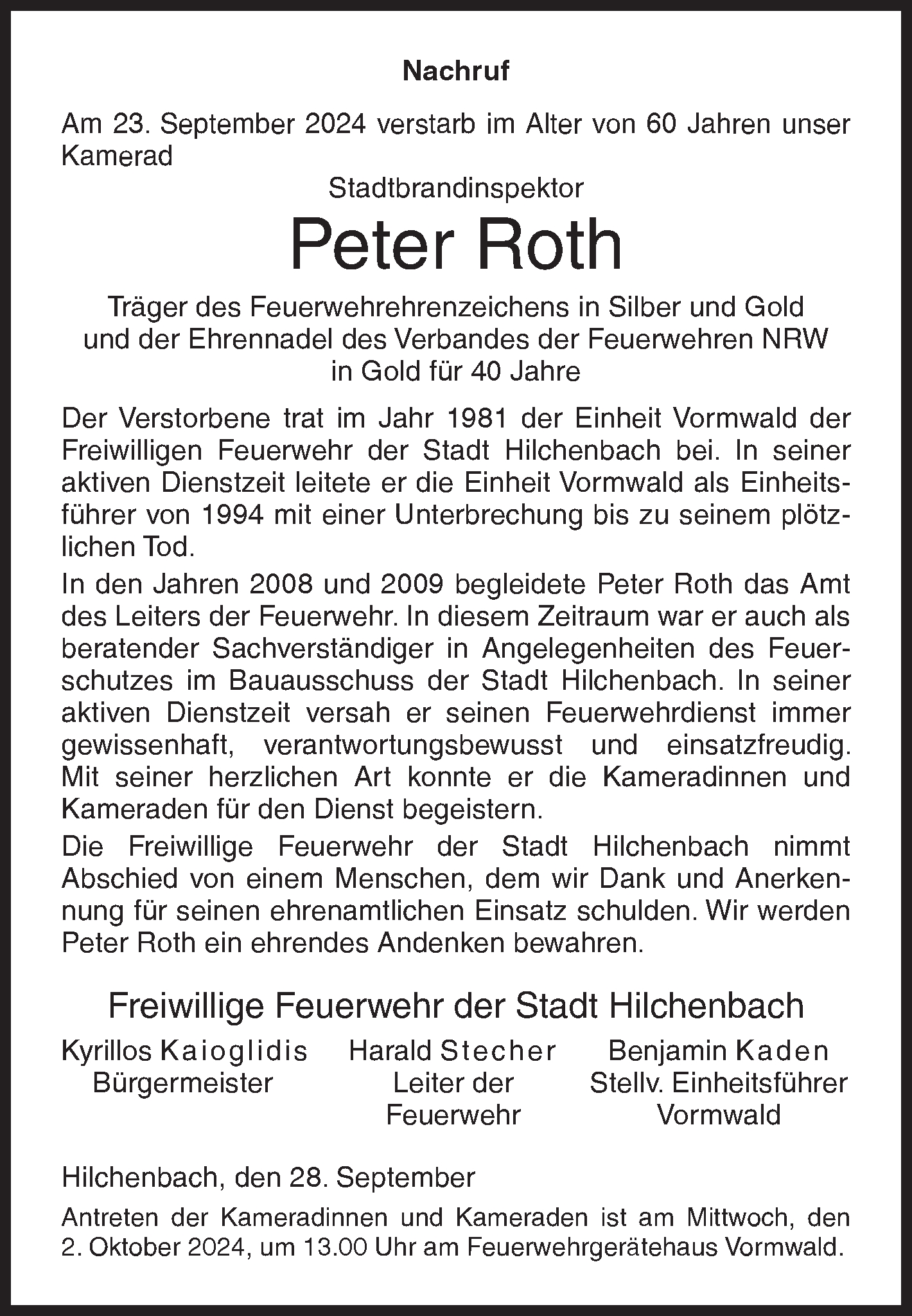  Traueranzeige für Peter Roth vom 28.09.2024 aus Siegener Zeitung