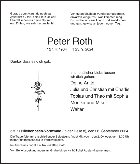 Traueranzeige von Peter Roth von Siegener Zeitung
