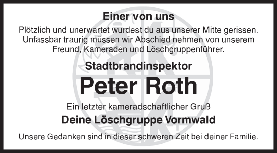 Traueranzeige von Peter Roth von Siegener Zeitung