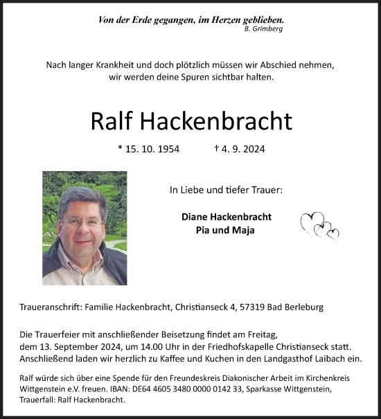 Traueranzeige von Ralf Hackenbracht von Siegener Zeitung