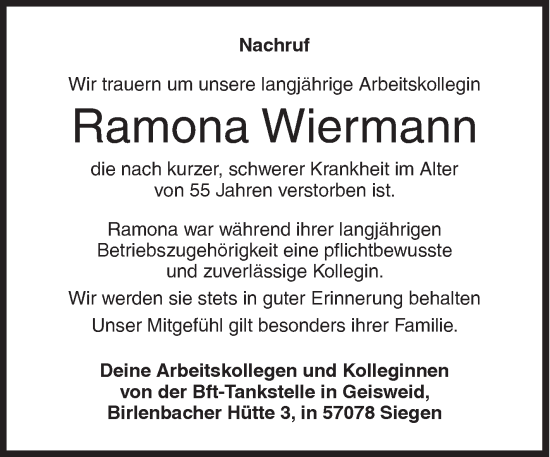 Traueranzeige von Ramona Wiermann von Siegener Zeitung