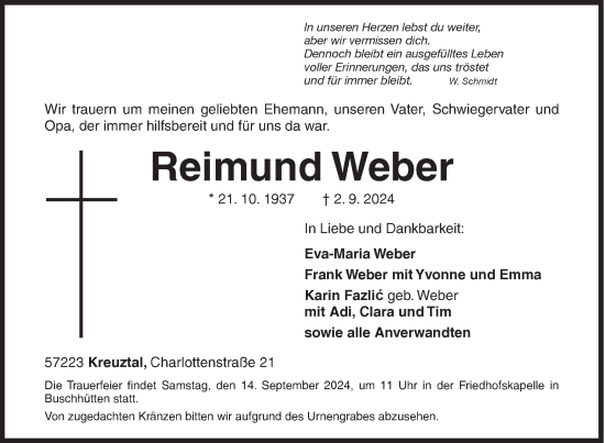 Traueranzeige von Reimund Weber von Siegener Zeitung