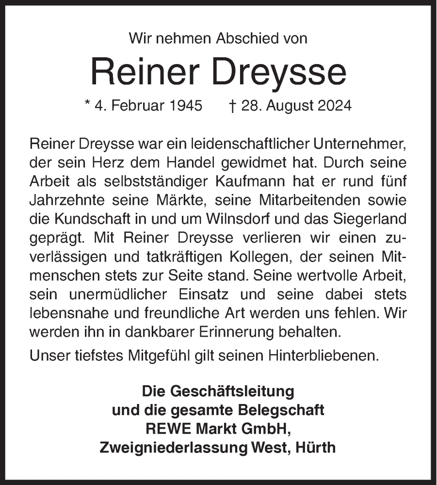  Traueranzeige für Reiner Dreysse vom 03.09.2024 aus Siegener Zeitung