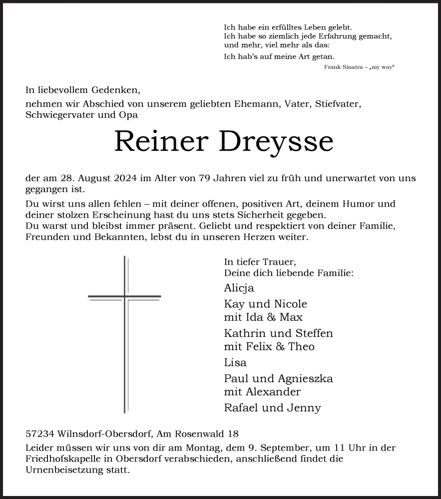  Traueranzeige für Reiner Dreysse vom 03.09.2024 aus Siegener Zeitung