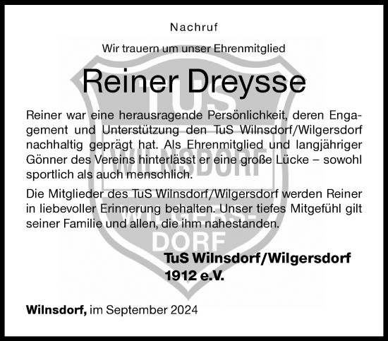 Traueranzeige von Reiner Dreysse von Siegener Zeitung