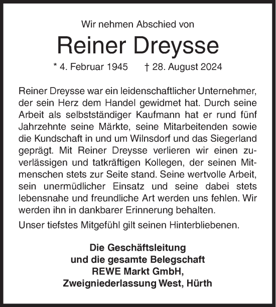 Traueranzeige von Reiner Dreysse von Siegener Zeitung