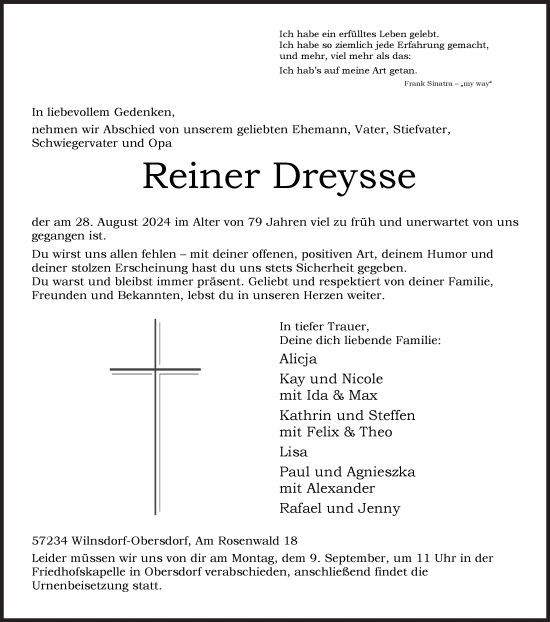 Traueranzeige von Reiner Dreysse von Siegener Zeitung