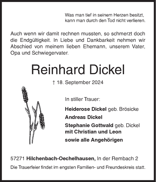 Traueranzeige von Reinhard Dickel von Siegener Zeitung