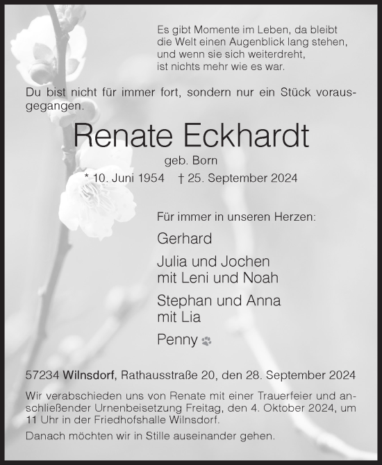Traueranzeige von Renate Eckhardt von Siegener Zeitung