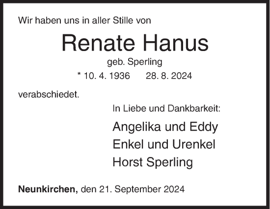 Traueranzeige von Renate Hanus von Siegener Zeitung