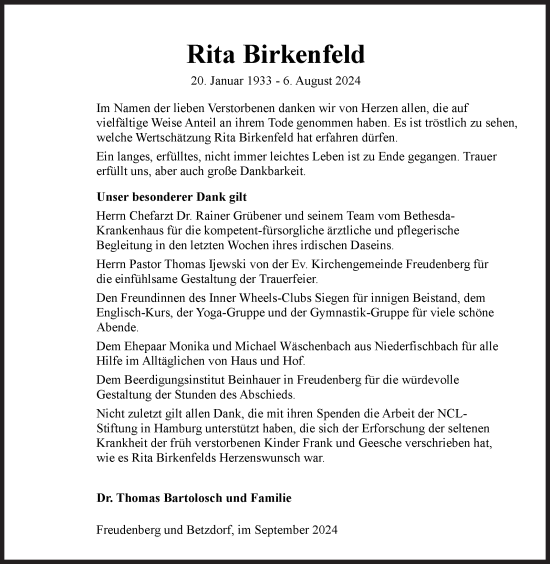 Traueranzeige von Rita Birkenfeld von Siegener Zeitung