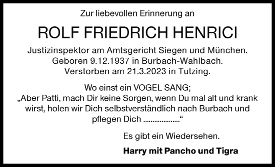 Traueranzeige von Rolf Henrici von Siegener Zeitung