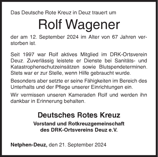 Traueranzeige von Rolf Wagener von Siegener Zeitung