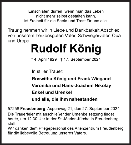 Traueranzeige von Rudolf König von Siegener Zeitung