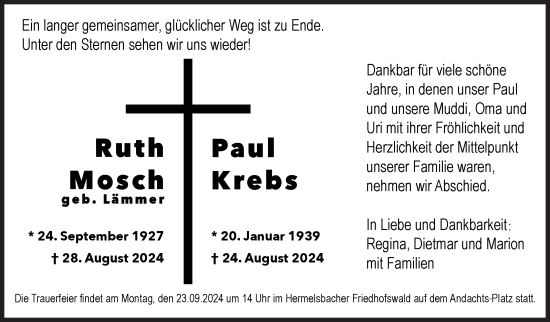 Traueranzeige von Ruth und Paul Mosch und Krebs von Siegener Zeitung