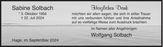 Traueranzeige von Sabine Solbach von Siegener Zeitung