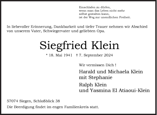 Traueranzeige von Siegfried Klein von Siegener Zeitung