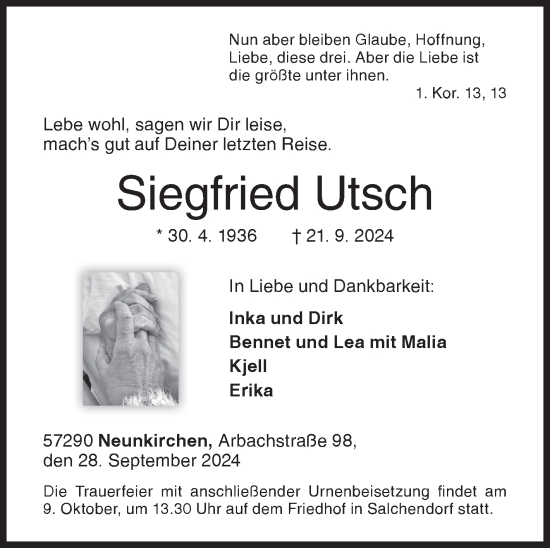 Traueranzeige von Siegfried Utsch von Siegener Zeitung