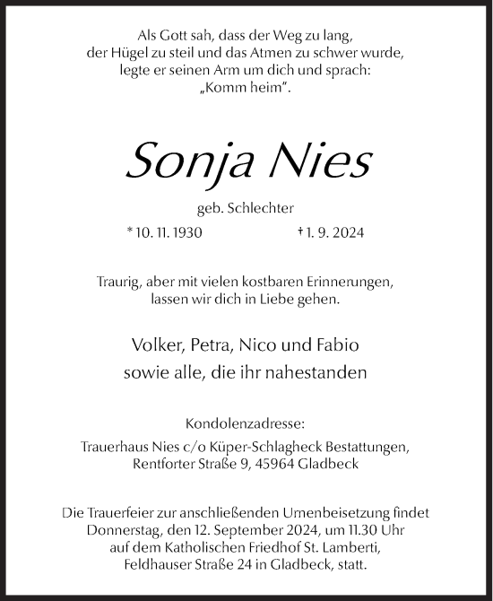 Traueranzeige von Sonja Nies von Siegener Zeitung