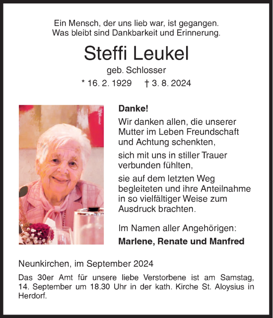 Traueranzeige von Steffi Leukel von Siegener Zeitung