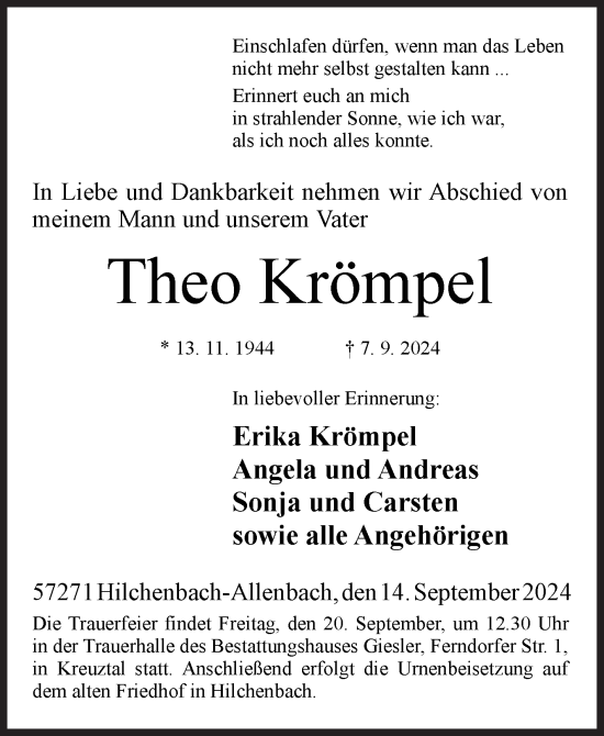 Traueranzeige von Theo Krömpel von Siegener Zeitung