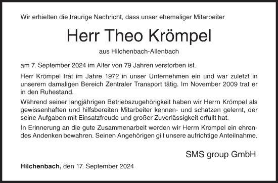Traueranzeige von Theo Krömpel von Siegener Zeitung