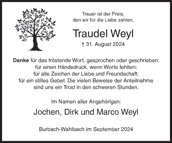 Traueranzeige von Traudel Weyl von Siegener Zeitung