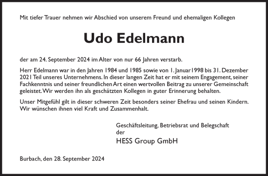Traueranzeige von Udo Edelmann von Siegener Zeitung
