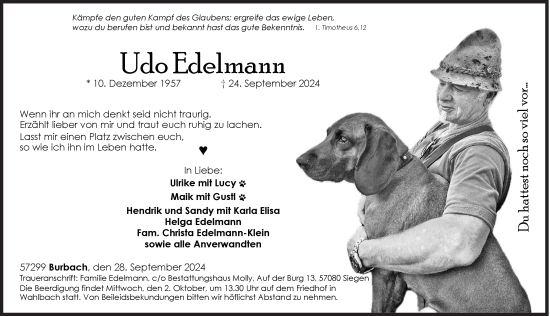 Traueranzeige von Udo Edelmann von Siegener Zeitung